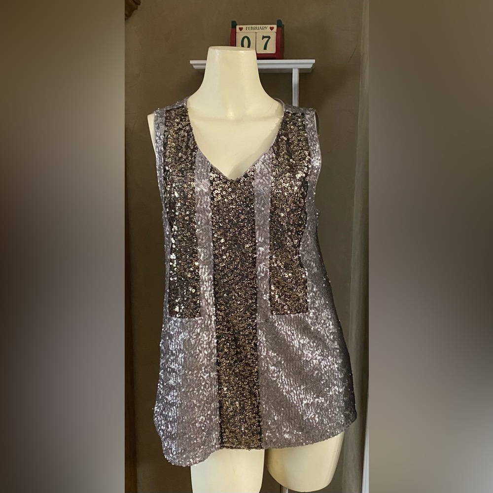 NWT Banana Republic Monogram Sequin Sleeveless Shirt Blouse Top New Year Silver